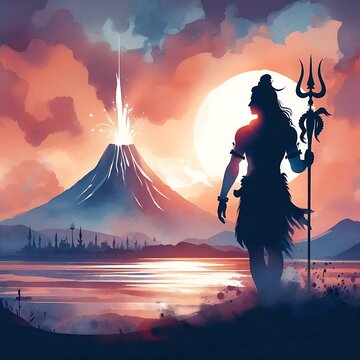 A silhouette of lord shiva standing a with Trident against a sunset background