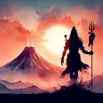 A silhouette of lord shiva standing a with Trident against a sunset background