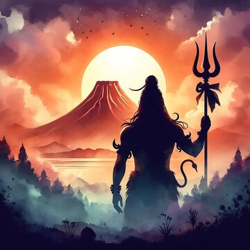 A silhouette of lord shiva standing a with Trident against a sunset background
