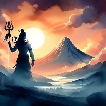 A silhouette of lord shiva standing a with Trident against a sunset background