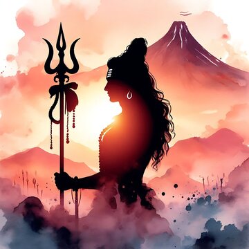 A silhouette of lord shiva standing a with Trident against a sunset background