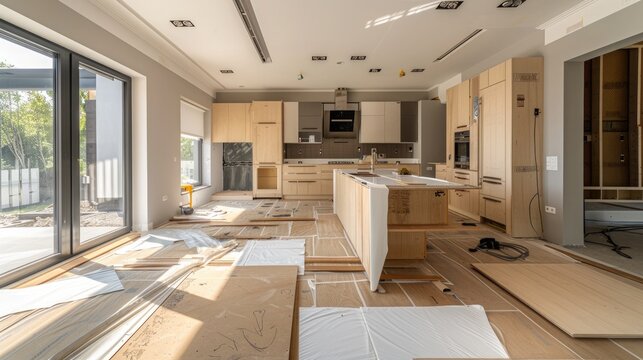 An open kitchen area with protective floor coverings, prepared for the installation of custom-built cabinetry and high-end appliances.