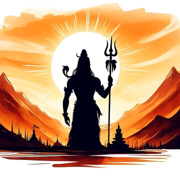 A silhouette of lord shiva standing a with Trident against a sunset background
