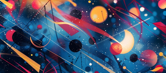 The background is a gradient of dark blue and black with sparkly light-colored dots scattered throughout. Modern art geometry shape or abstract art with colorful vibrant color. Trendy pattern.
