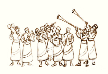 An ancient orchestra is playing. Pencil drawing