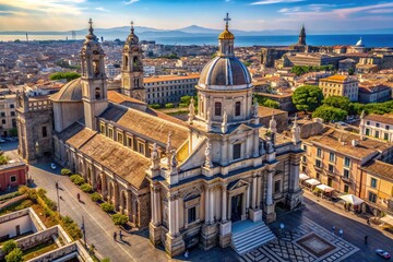 Obraz premium Breathtaking aerial view of Saint Agatha's Cathedral in Catania, Sicily, showcasing its stunning Baroque architecture amidst a labyrinth of ancient streets and rooftops.