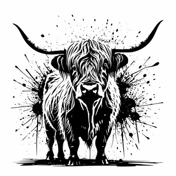 recommend clip art: Highland cow black splash background illustration silhouette vector isolated on white background