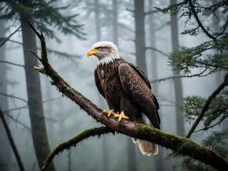 Bald Eagle in the Mystical Fog of the Forest.