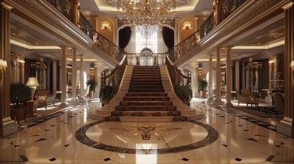 Obraz premium An opulent foyer with a grand staircase, a crystal chandelier, and marble floors leading to various elegant rooms.
