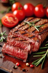 grilled medium rare beef steak, cut into thick slices on an old wooden board with rosemary and tomatoes beside