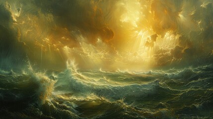 Sunlight breaking through storm clouds at sea