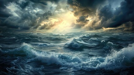 Sunlight breaking through storm clouds at sea