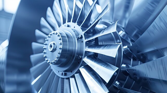Detail of the metal turbine mechanism. Large shiny steel equipment with blades. A machine with many gears and a shiny metallic appearance. Illustration for poster, cover, brochure or presentation.