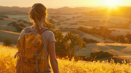Woman with backpack standing on the top of mountain and enjoying the view. Travel concept. Achieving your dreams. Illustration for cover, card, postcard, interior design, decor or print.