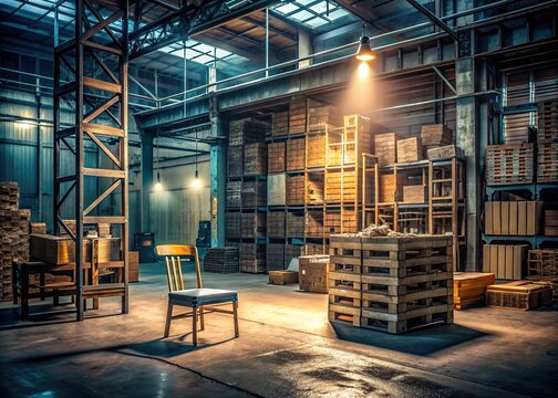 A dimly lit warehouse background with a vacant chair, empty crates and tools scattered around, conveying a sense of fatigue and physical strain.