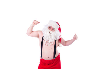 Funny fat Santa Claus without a shirt is dancing. White background. Joy and fun.