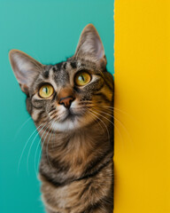 Curious Cat with a Yellow and Green Background