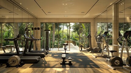 An opulent home gym with state-of-the-art equipment, mirrored walls, and large windows providing a view of a serene garden.