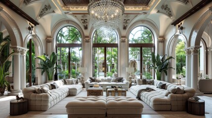An opulent living room with vaulted ceilings, a statement chandelier, large plush sofas, and tall windows offering a view of a lush garden.