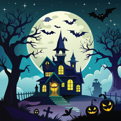 Dark, spooky silhouettes of haunted houses with bats, ghosts, and a full moon.