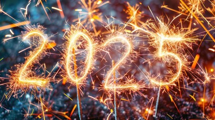 Numbers 2025 created with fireworks on a bright New Year background Number 2025, New Year, Christmas