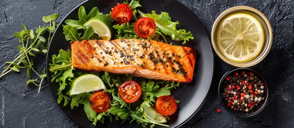 Poster Grilled Salmon with Salad and Lemon Wedge