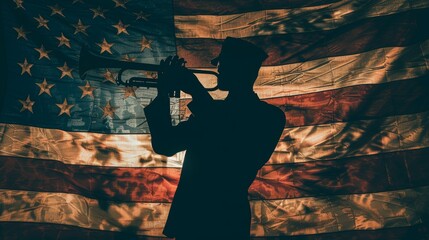 Silhouette of a soldier playing the trumpet against the backdrop of the American flag. Honoring veterans, military service, sacrifice, and patriotism.