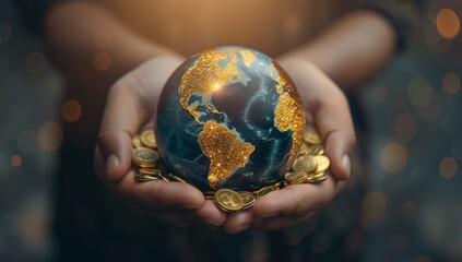 Fototapeta premium Hands holding a golden Earth surrounded by coins, symbolizing global finance, wealth, and investment.