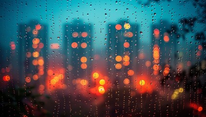 Fototapeta premium Rainy City Nights. Abstract view of city lights through rain-streaked window