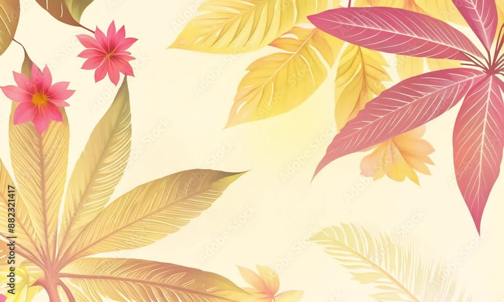 Poster abstract background with colorful tropical leaves overlapping each other, creating a soft and pastel