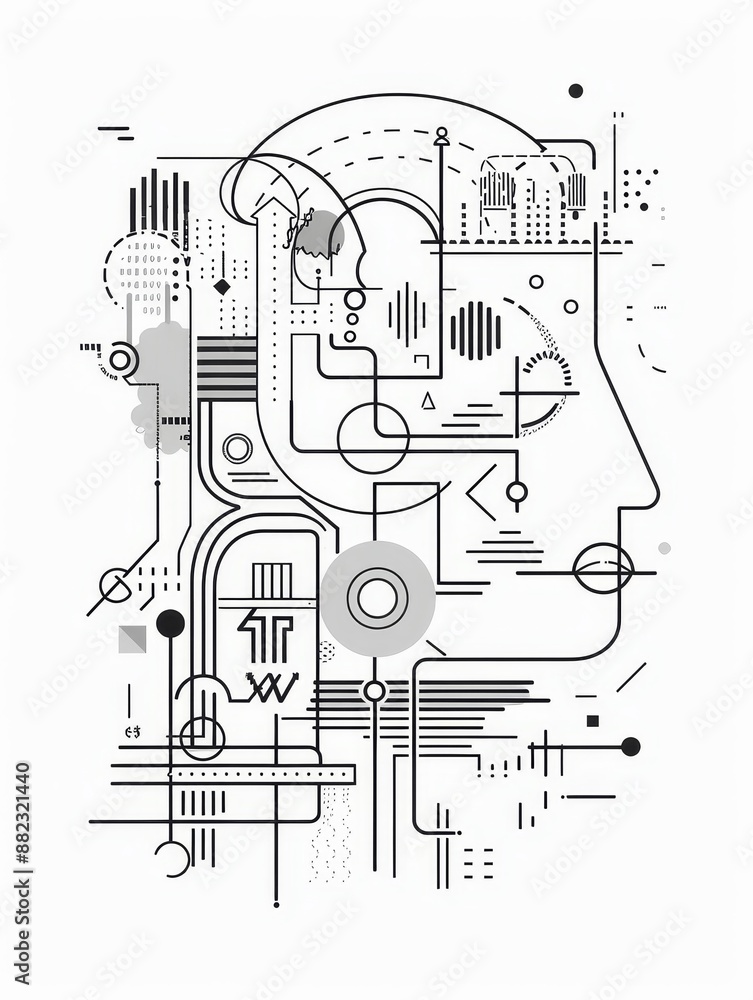 Poster abstract human head with technological elements - abstract illustration of a human head with technol