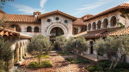 Obraz premium An opulent Mediterranean-style villa with terracotta roofs, arched doorways, and a courtyard filled with olive trees.