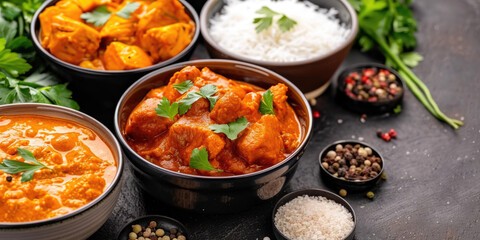 Assorted various Indian food on a dark rustic background