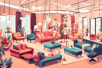 interior design concept Sale of home decorations and furniture During promotions and discounts, it is surrounded by beds, sofas, armchairs and advertising spaces banner.