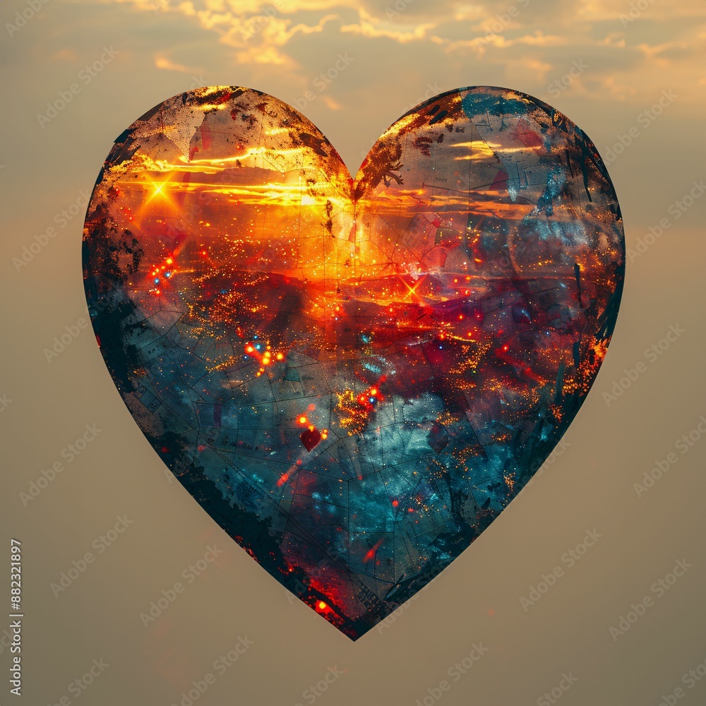 Poster hearts and charts: the map of emotion - a heart shaped object with a sunset behind it