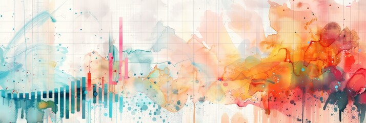 Fototapeta premium Abstract Watercolor Art with Grid Background - Abstract watercolor painting with vibrant colors on a grid background. The artwork features a mix of colors and textures, creating a unique and dynamic p