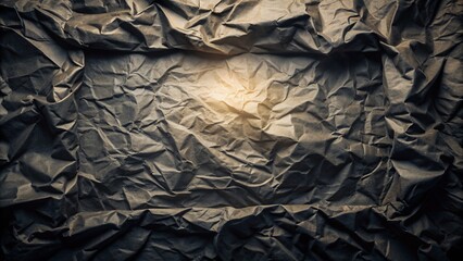 Dark, crinkled black paper texture fills the frame, with subtle creases and folds illuminated by a faint, soft light, creating a dramatic, moody background.