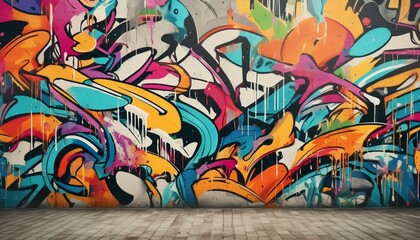 A vibrant, seamless pattern of colorful graffiti art layered on a weathered concrete wall, showcasing urban street art. 