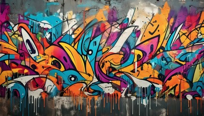 A vibrant, seamless pattern of colorful graffiti art layered on a weathered concrete wall, showcasing urban street art. 