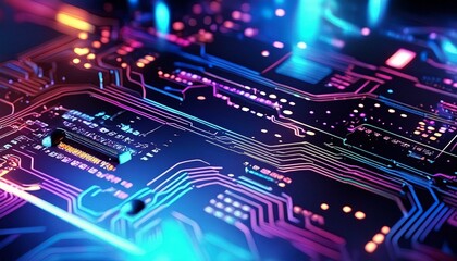 Fototapeta premium close up of a microchip circuit interior of a computer with neon lights in detail, circuit board. 
