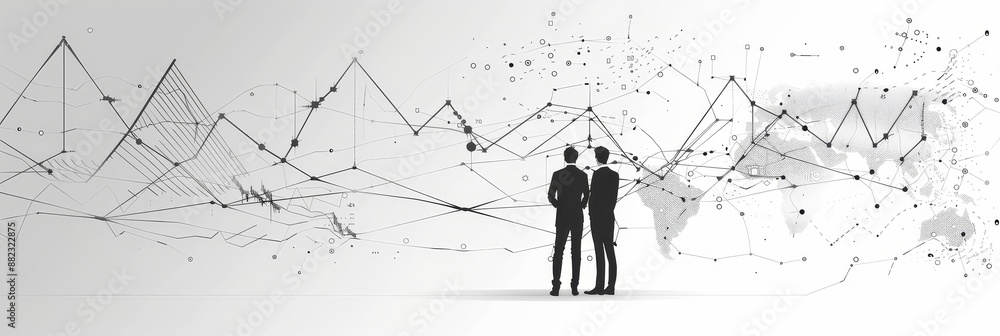 Poster businessmen analyzing global network - two businessmen stand in front of a complex network visualiza