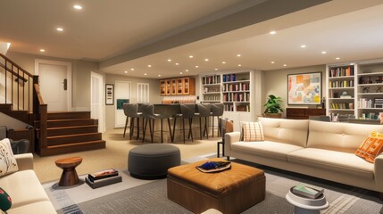 Basement interior design in a new house with a versatile layout, including a lounge area, bar, and study space.