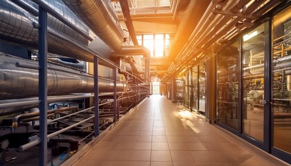 Obraz premium Contemporary hallway with metallic pipelines and industrial equipment located on factory on sunny day 