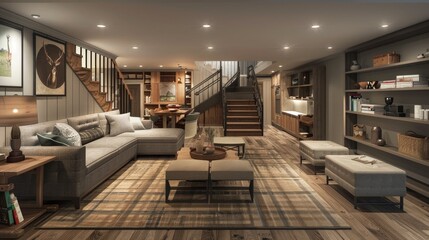 Basement interior design in a new house with a focus on functionality, featuring storage solutions, recreational space, and cozy seating arrangements.