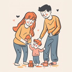 Parents Picking Toys While Their Toddler Is Running Around - A Cartoon Of A Family Playing With A Child