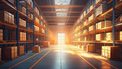 Fototapeta premium Organized warehouse interior showcases efficiency in logistics and supply chain management. Effective inventory control, order fulfillment, and space optimization.