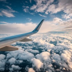 Plane wing in cloudy sky 