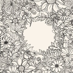 A Bold Zentangle Garden-Themed Background With Vines - A Black And White Drawing Of Flowers