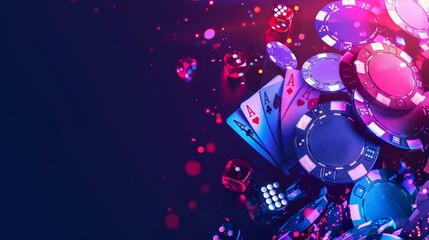 Casino Game: A Night of Luck and Excitement - A vibrant and exciting casino scene with playing cards, chips, and dice scattered across a dark table. The neon lights create a dramatic atmosphere, symbo