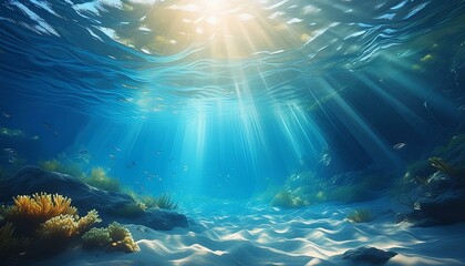 Obraz premium Underwater sea in blue sunlight. Based on Generative AI 
